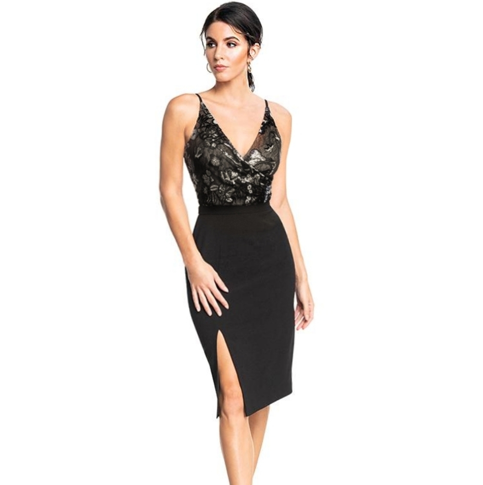 DRESS THE POP GIULIA BLACK LEG SLIT COCKTAIL DRESS SEQUINED LACE TOP